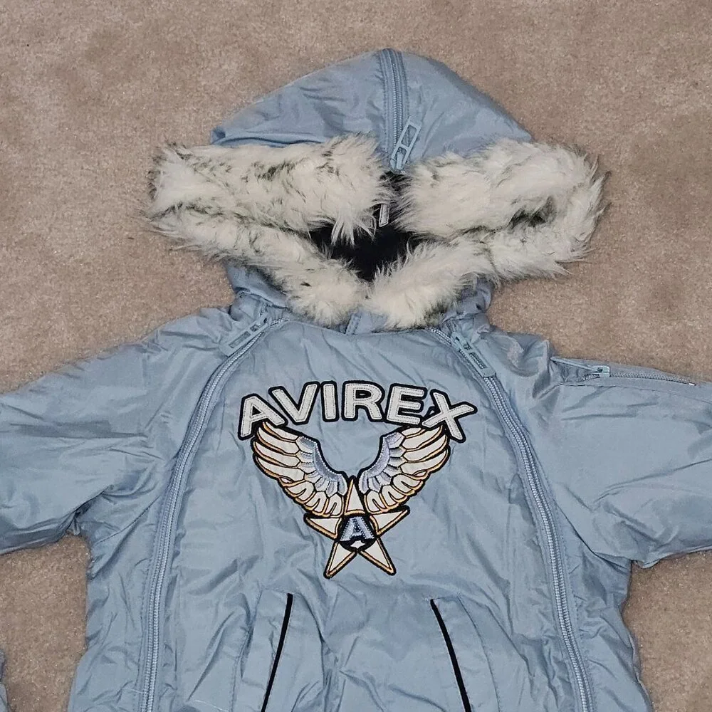 Avirex Blue Snowsuit Hooded Fleece Lined Attached Mittens Baby 3-6 Months